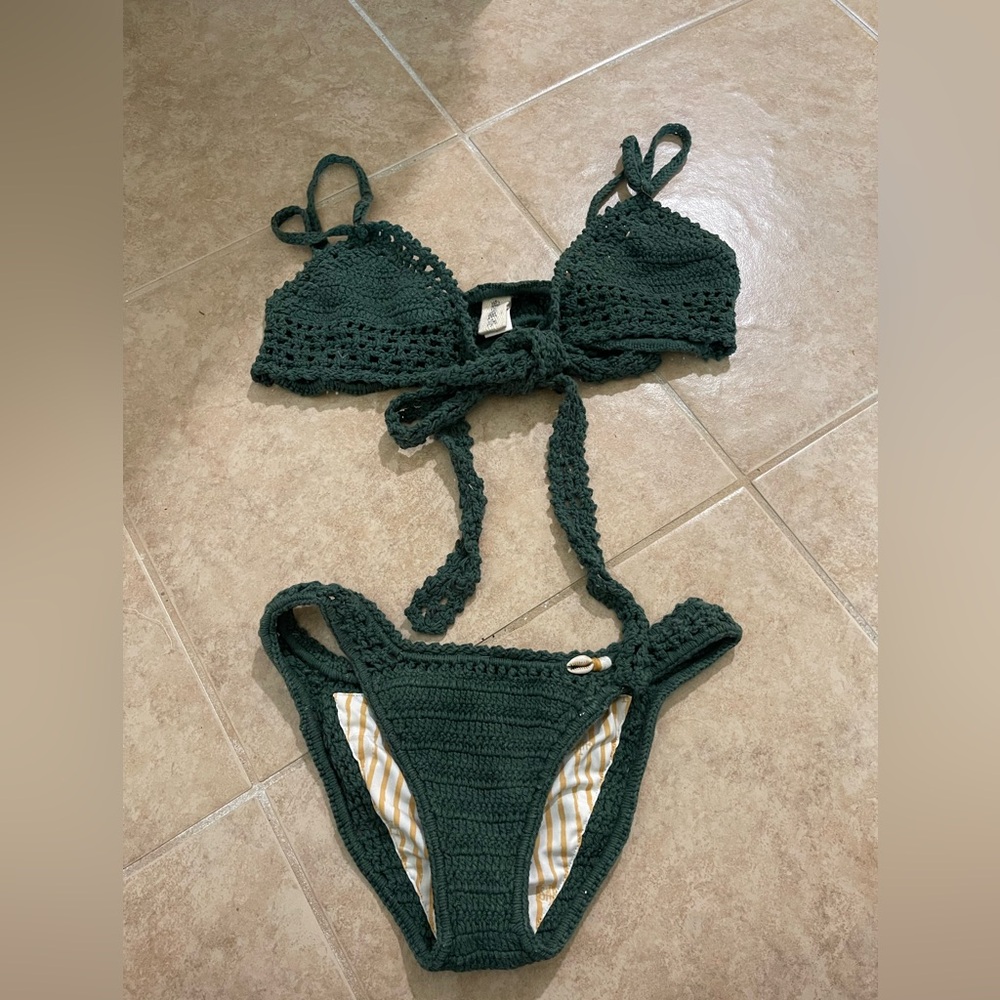 SHE MADE ME Dark Green Crochet Bikini Set